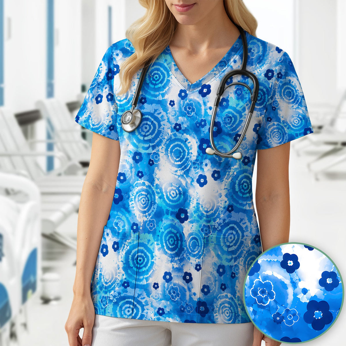 Blue Floral Spiral Nurse Scrub Top