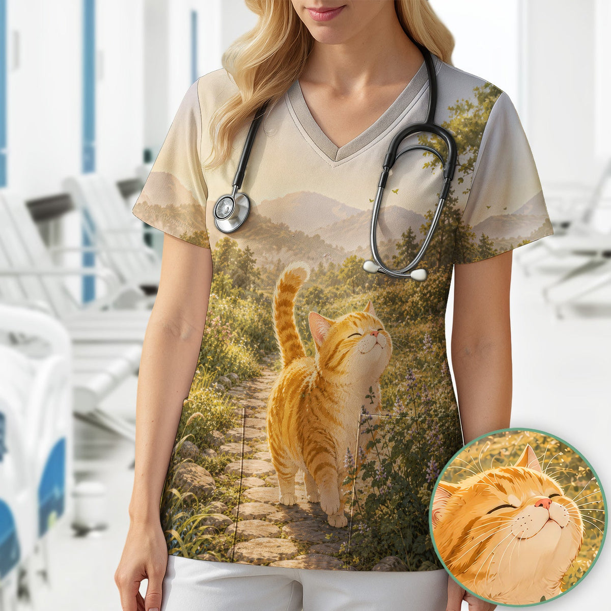 Sunny Mountain Cat Nurse Scrub Top