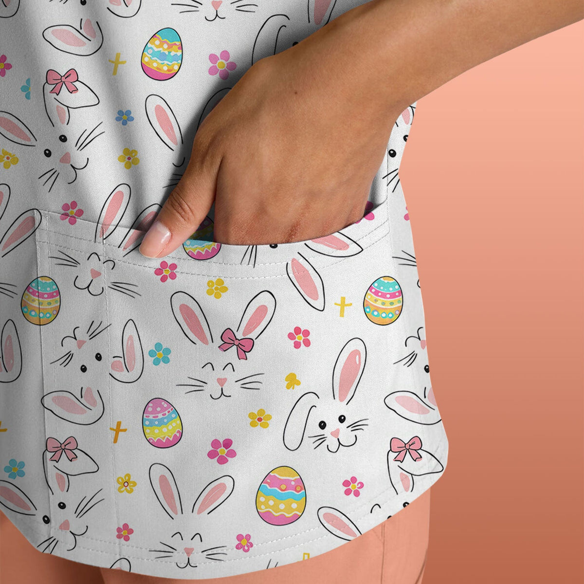 Bunny Faces Pastel Egg Nurse Scrub Top - Easter Gift