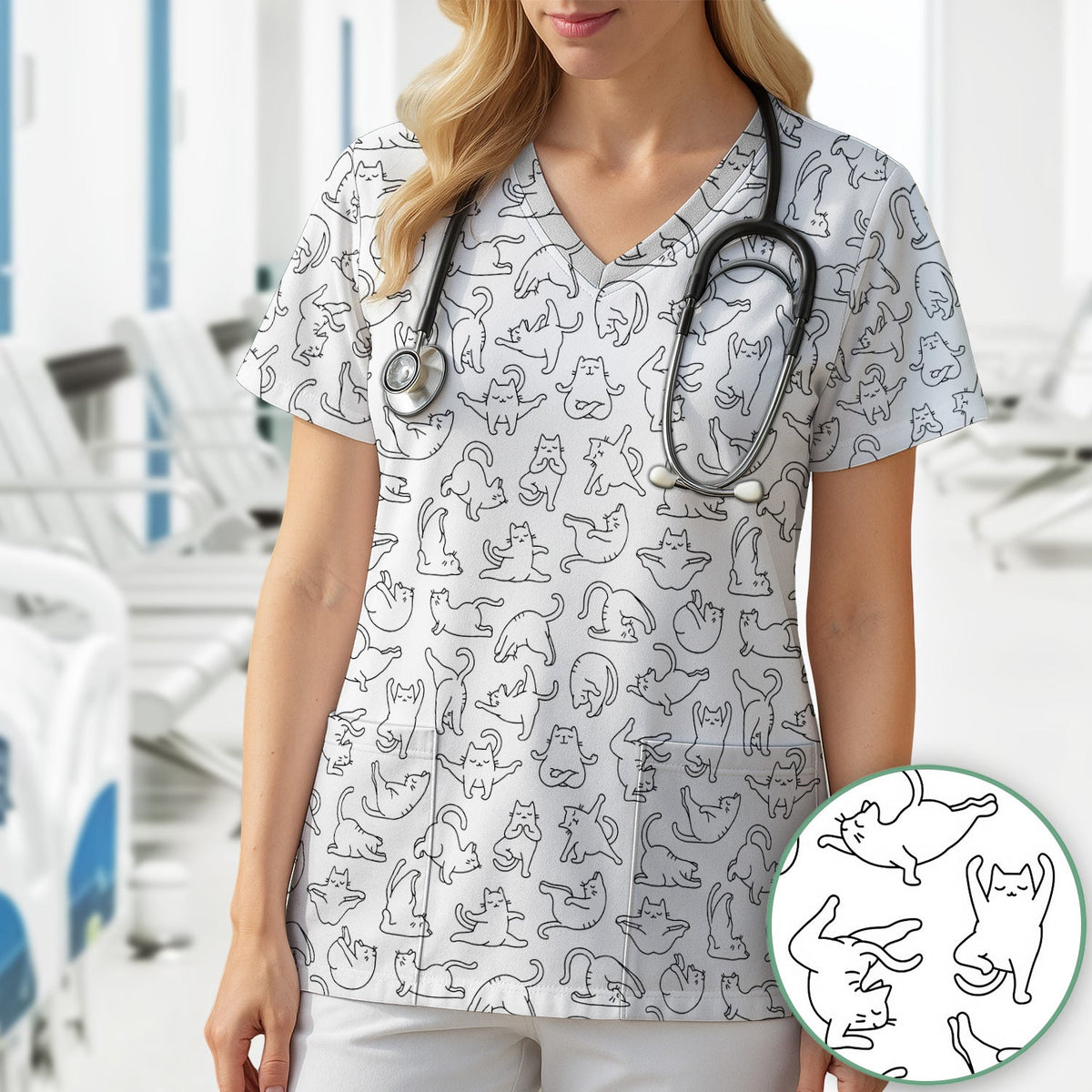 Cat Outline Playing Gothic Nurse Scrub Top