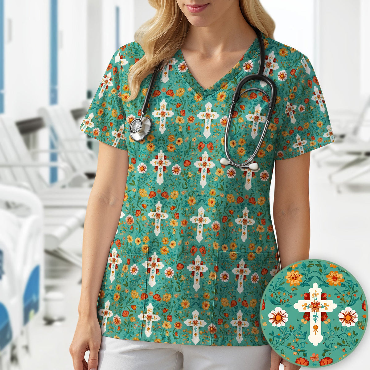 Christian Faith Floral Cross Nurse Scrub Top