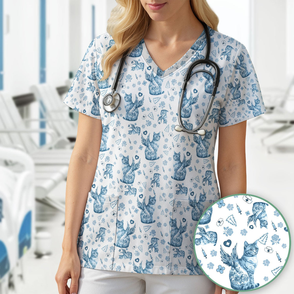 Toile de Jouy Cat Angel Scrub Top - Blue Vintage Nurse Shirt - French Style Medical Uniform for Women RN LPN CNA Gift