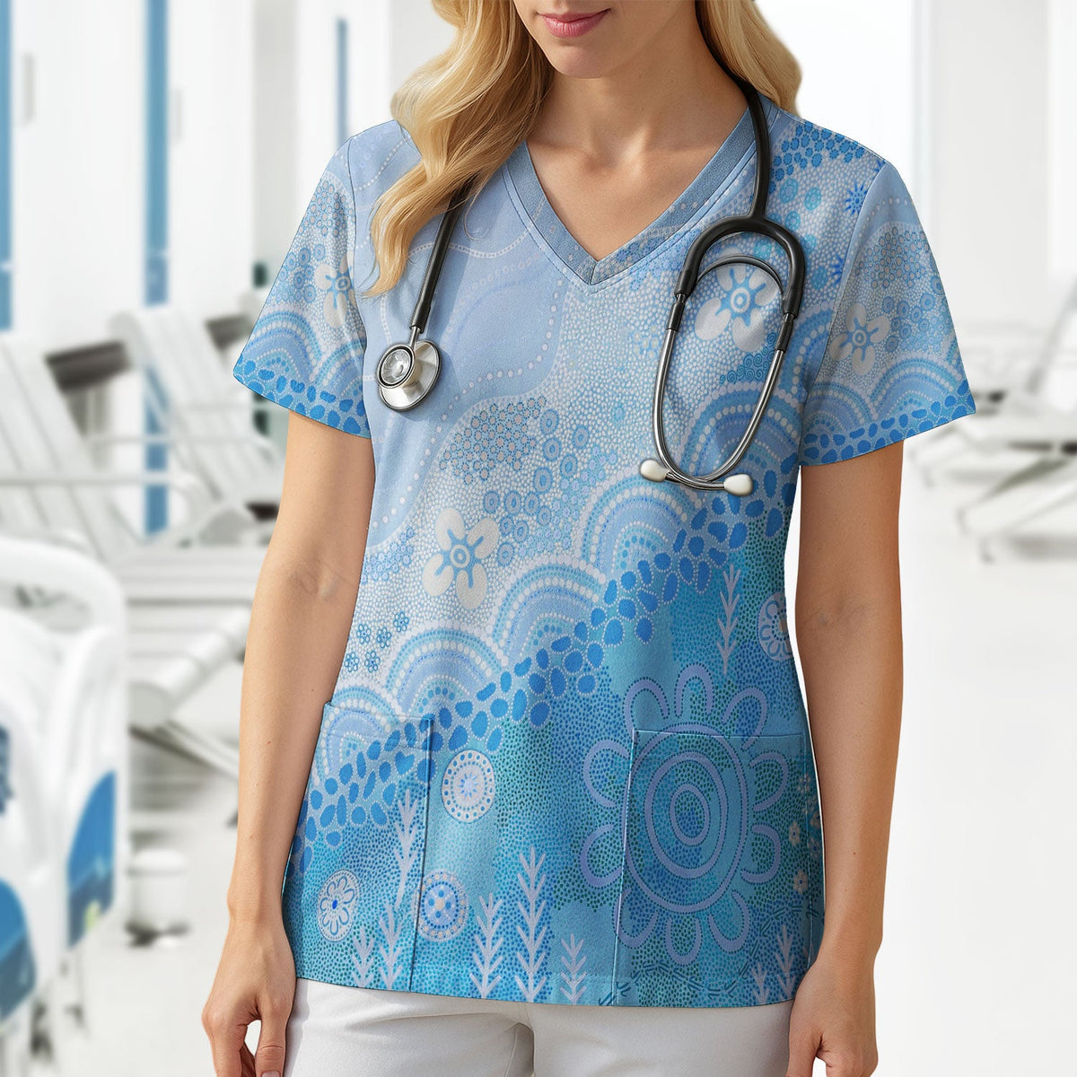 Floral Mandala Dot Pattern Medical Scrub Top, Comfortable Scrubs for Nurses