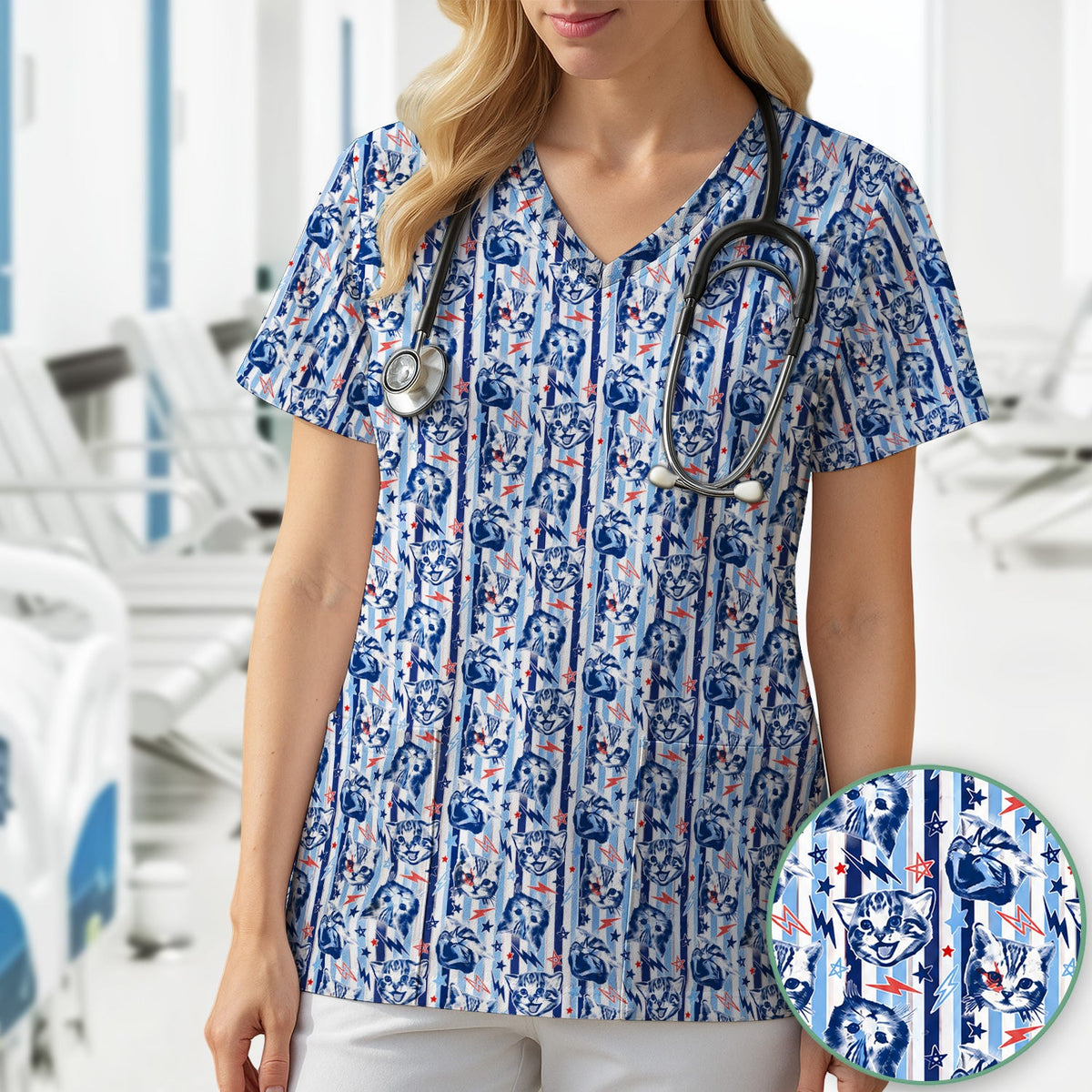Cat Faces With Lightning Nurse Scrub Top