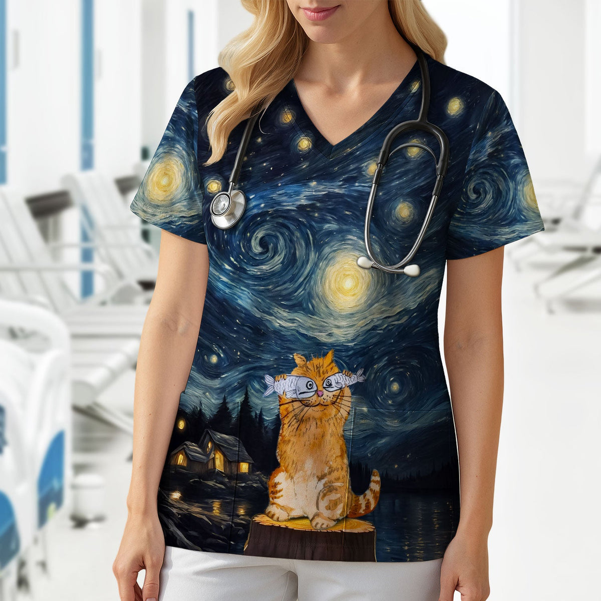 Cat Starry Night Sky Nurse Scrub Top
