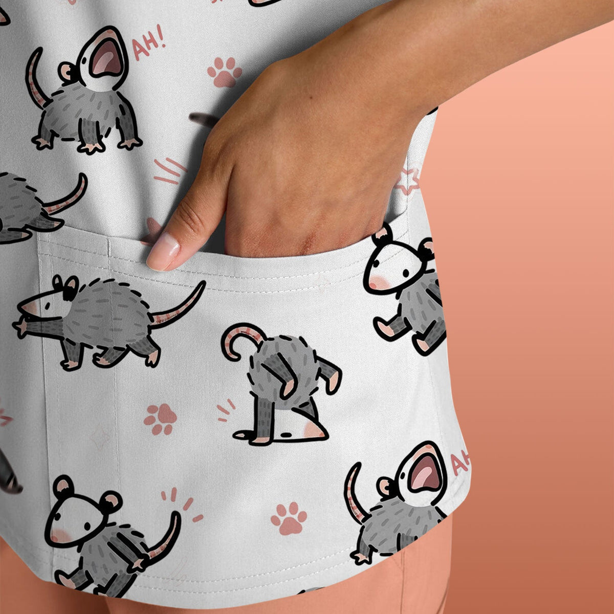 Cartoon Opossum Nurse Scrub Top