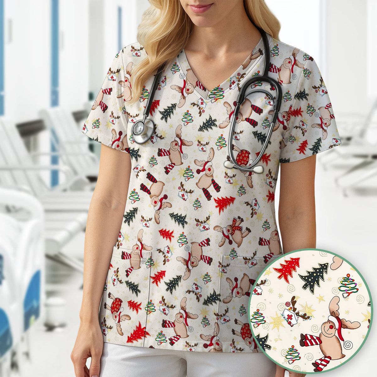 Reindeer Nurse Scrub Top - Christmas Gift