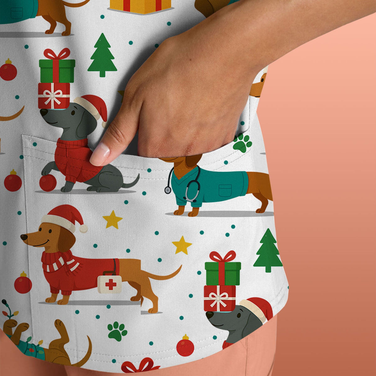 Dachshund Scrub Top Christmas - Cute Dog Nurse Shirt - Holiday Medical Scrubs Gift for Women CNA RN Doctor