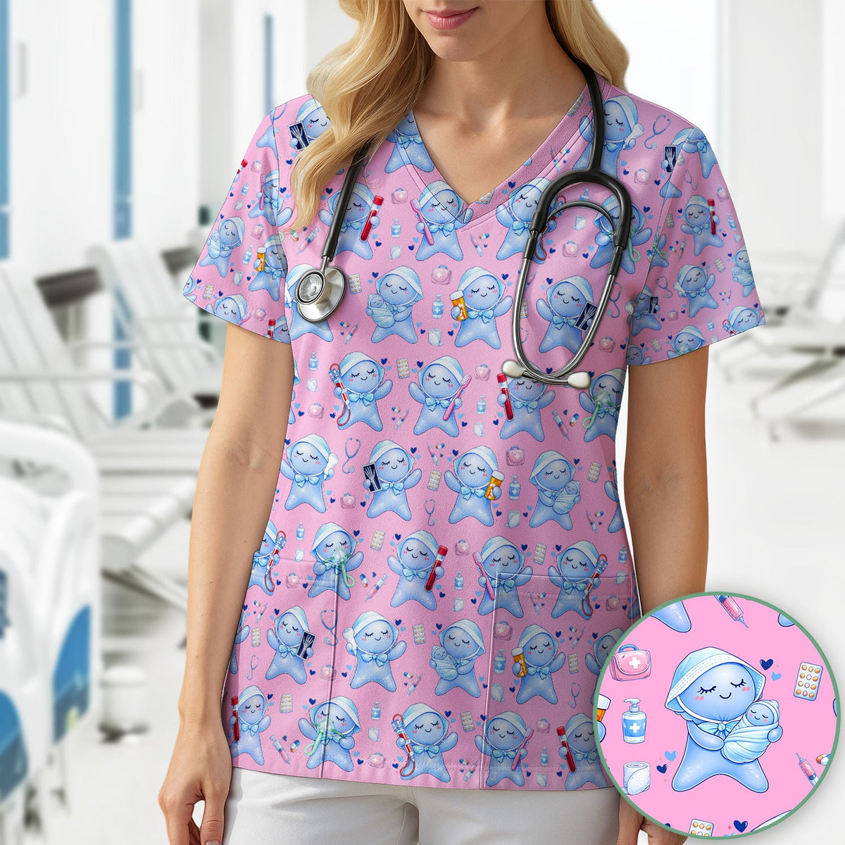 Dental Tooth Character Nurse Scrub Top