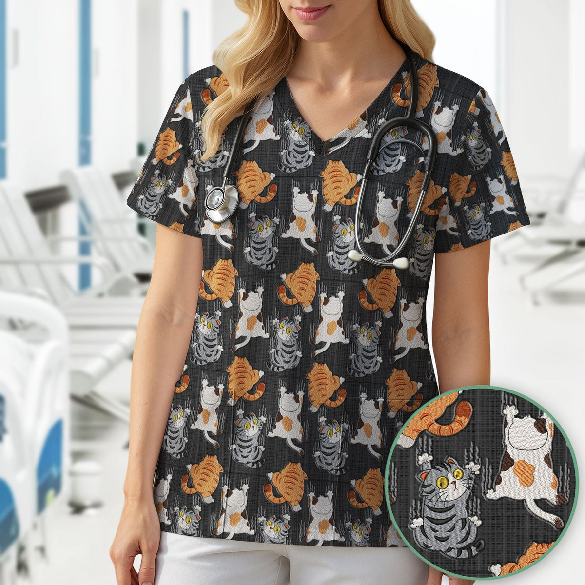 Cute Cat Pattern Nurse Scrub Top, Cats Medical Pattern Shirt, Breathable Fabrics Nursing Uniform
