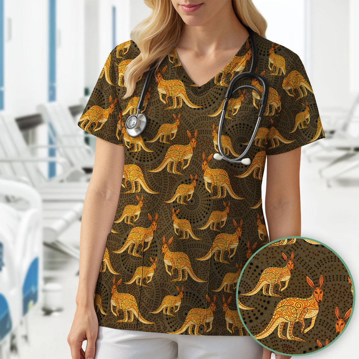Australian Kangaroo Dot Art Nurse Scrub Top
