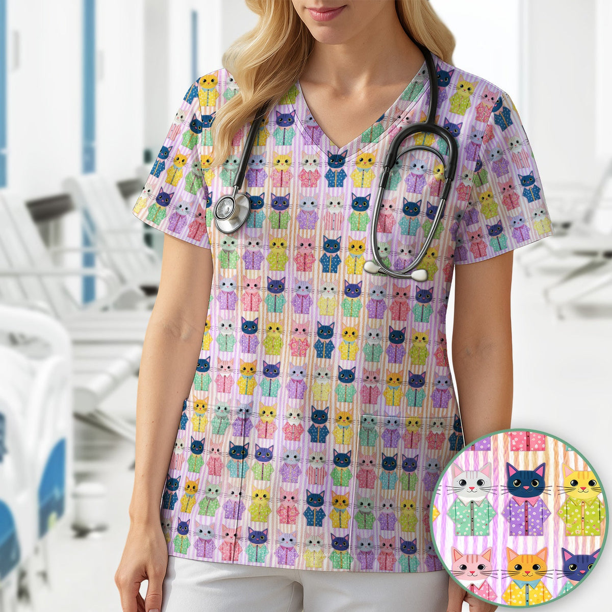 Cat Pajama Print Nurse Scrub Top
