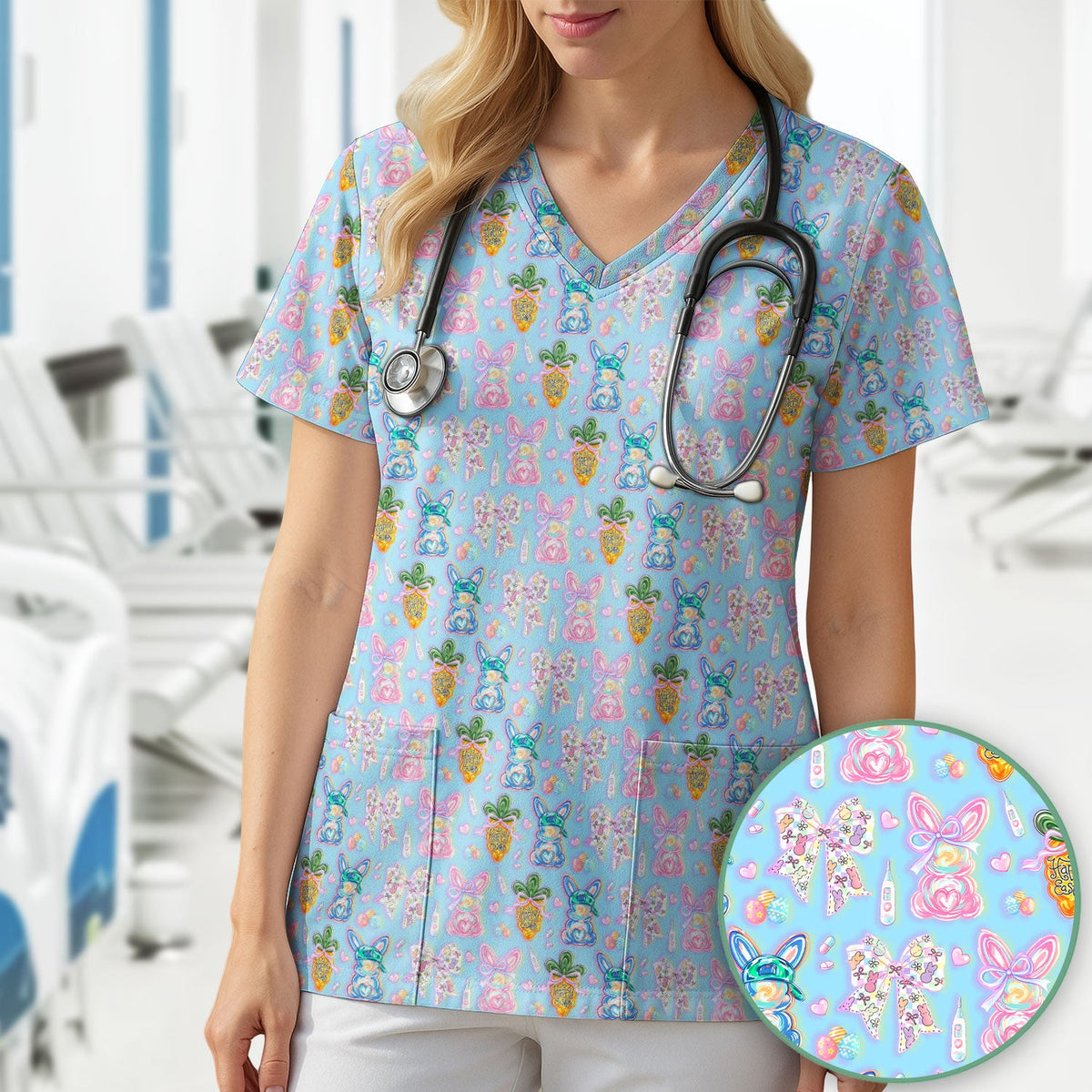Bunny Carrot Bow Nurse Scrub Top - Easter Gift