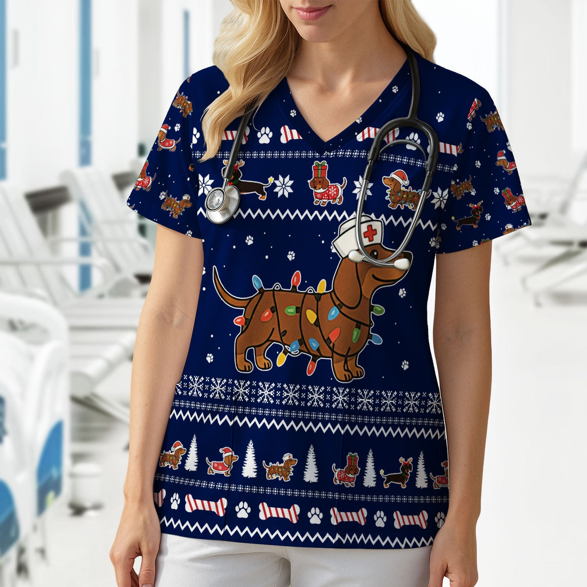 Christmas Dachshund Nurse Scrub Top for Women - Cute Sausage Dog Wearing Lights - Funny Holiday Medical Shirt Gift for RN CNA LPN
