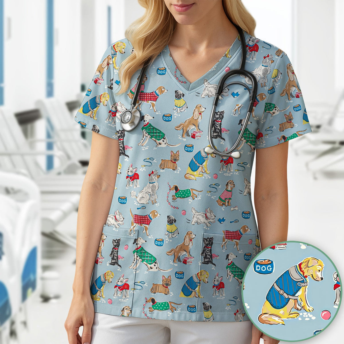 Dog Sweater Playing Ball Nurse Scrub Top