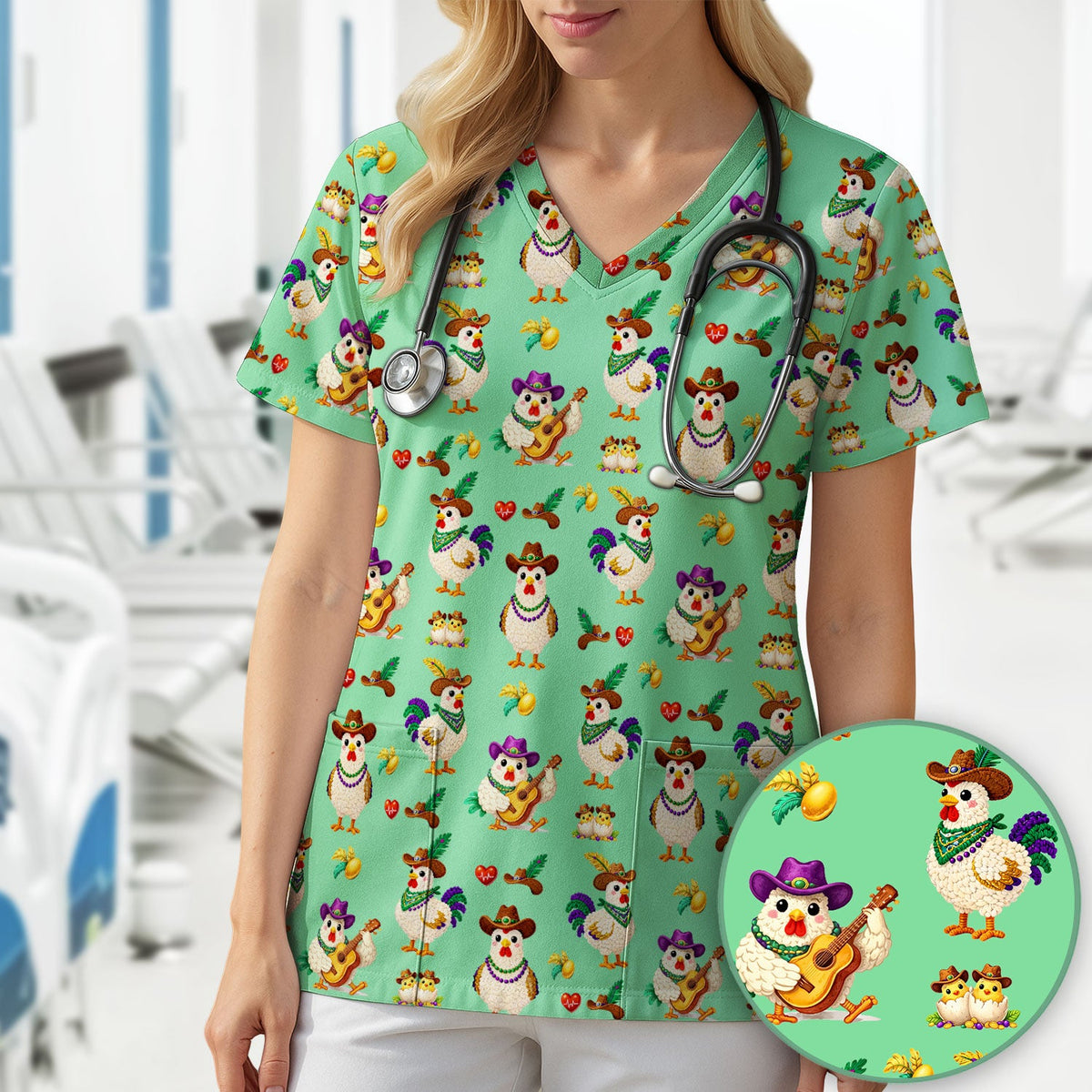 Mardi Gras Rooster Cowboy Nurse Scrub Top
