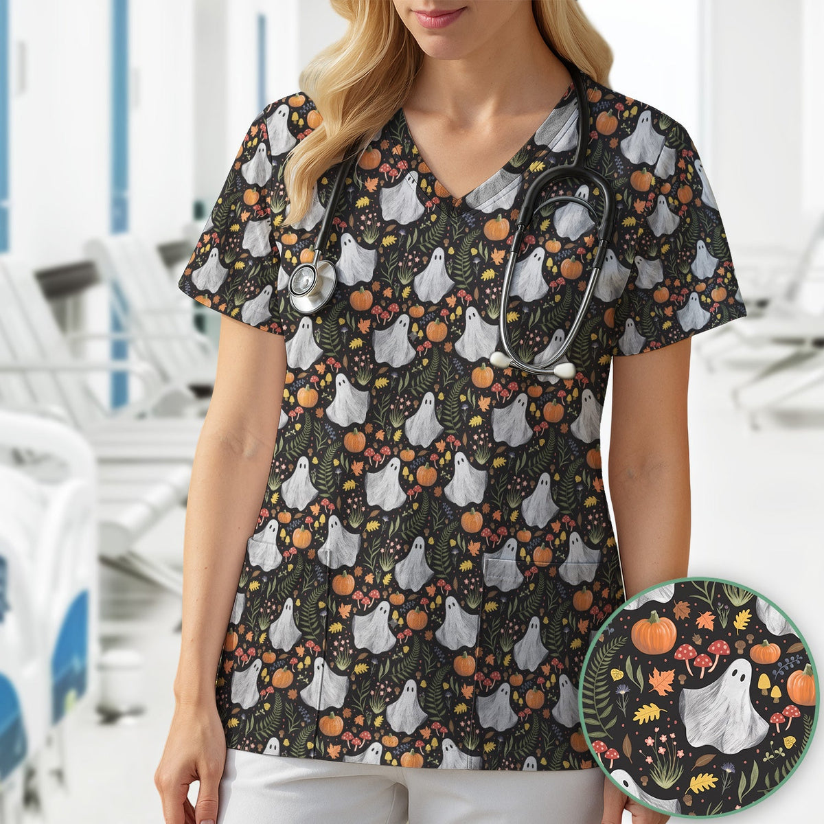 Pumpkin Woodland Nurse Scrub Top