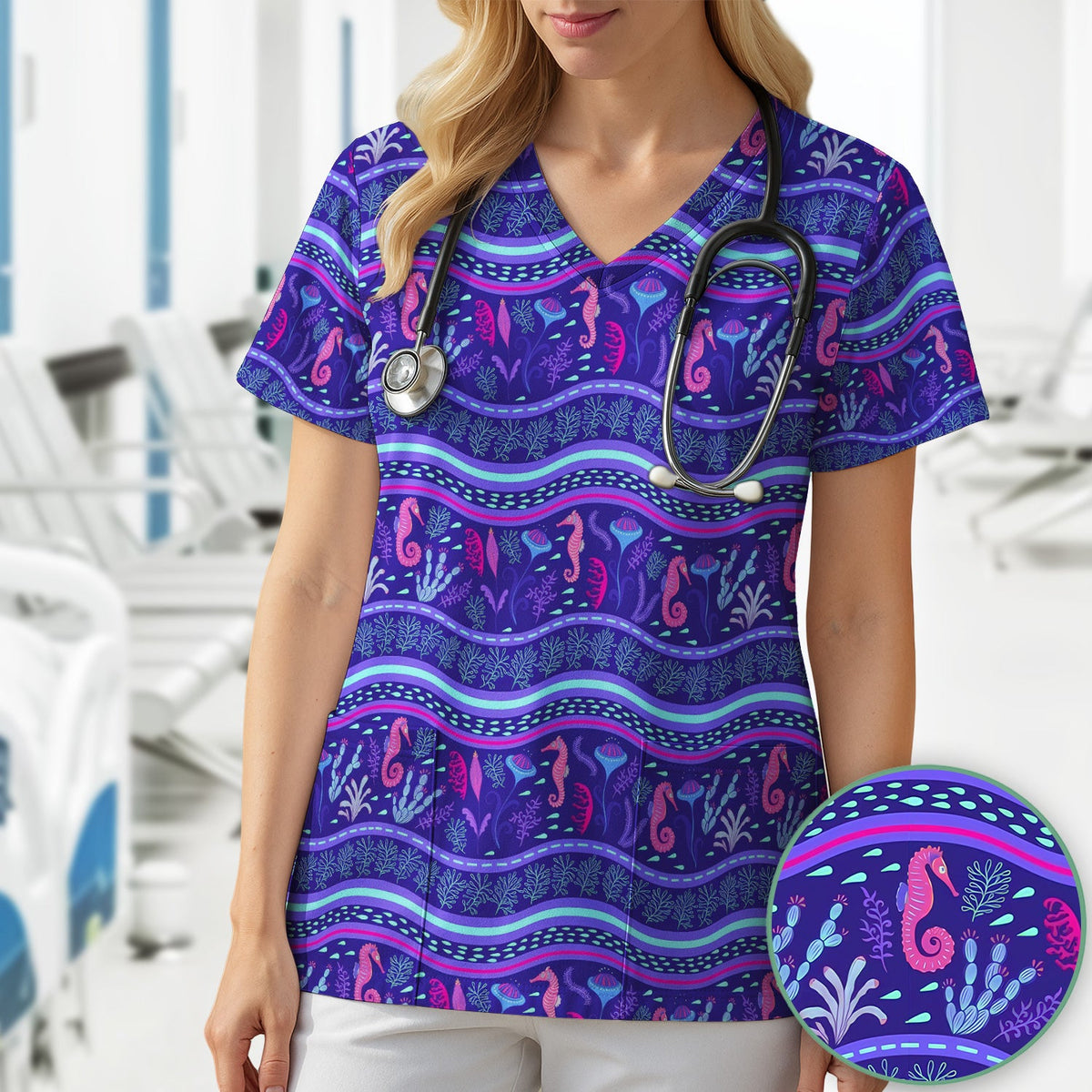 Purple Seahorse Ocean Pattern Nurse Scrub Top