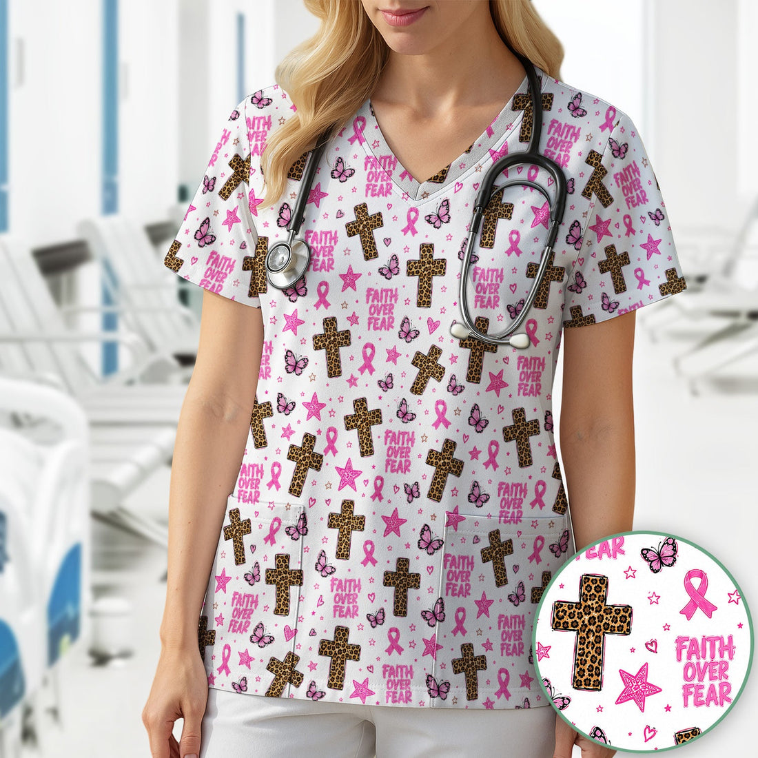 Faith Over Fear Breast Cancer Nurse Scrub Top