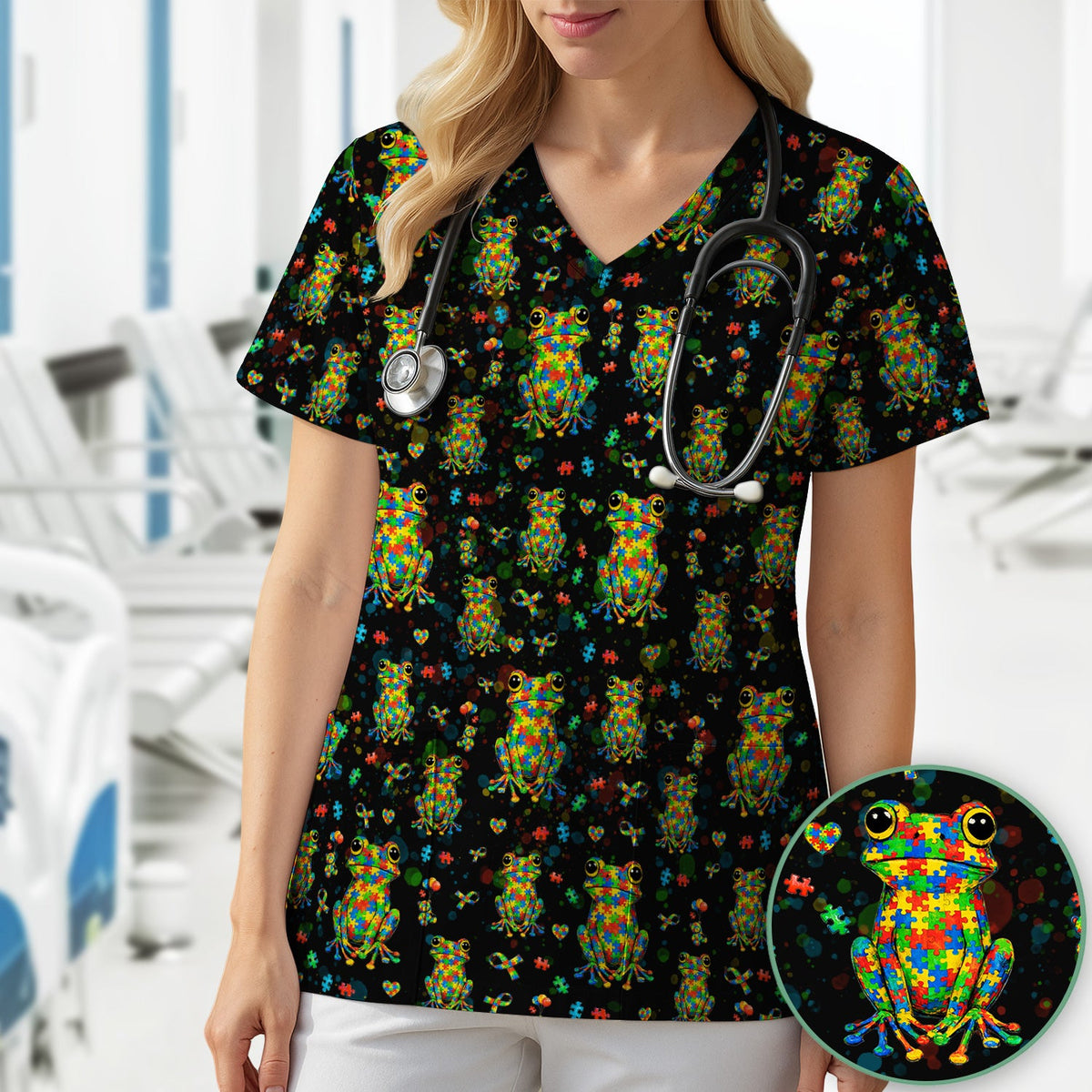 Colorful Autism Puzzle Frog Nurse Scrub Top