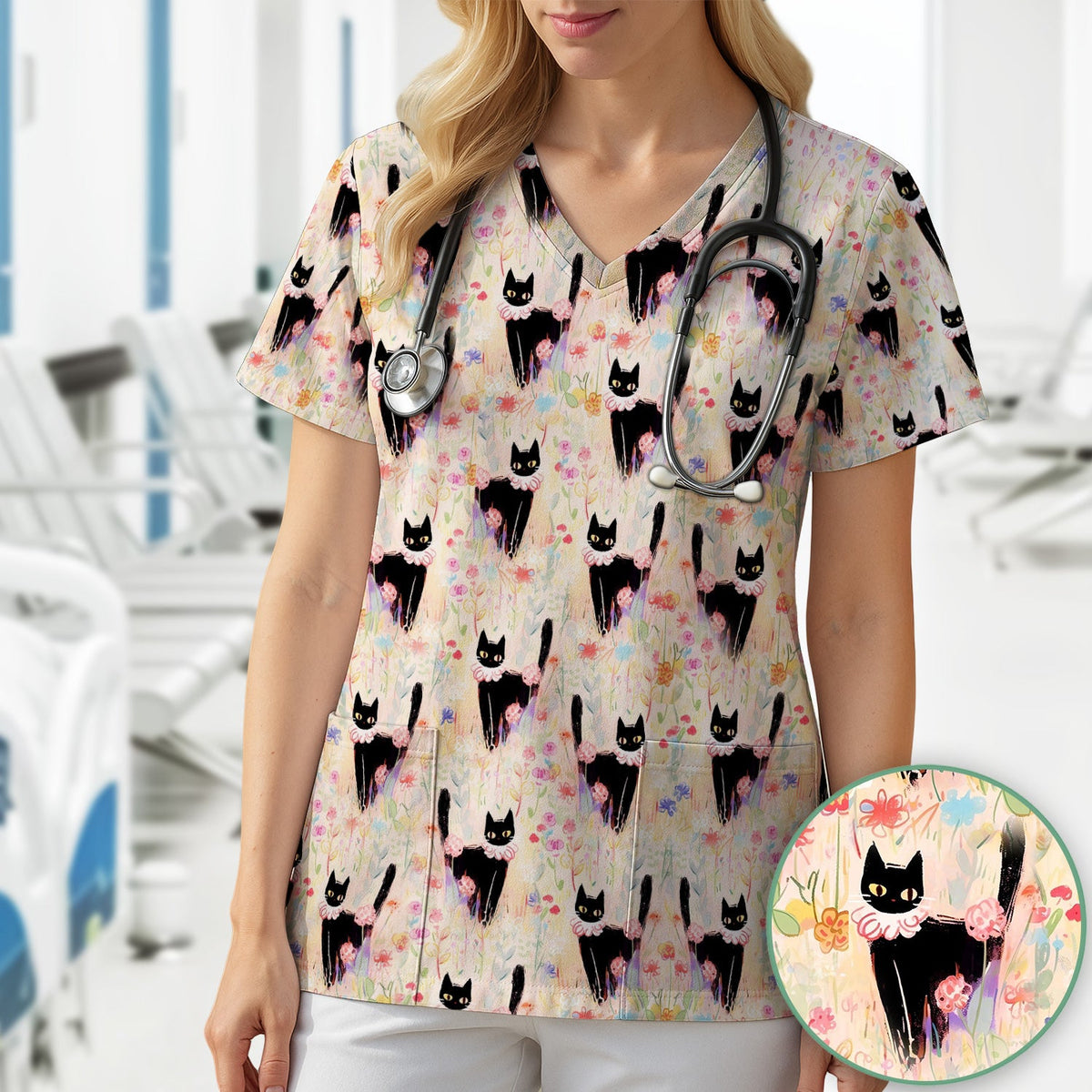 Black Cat Floral Garden Nurse Scrub Top