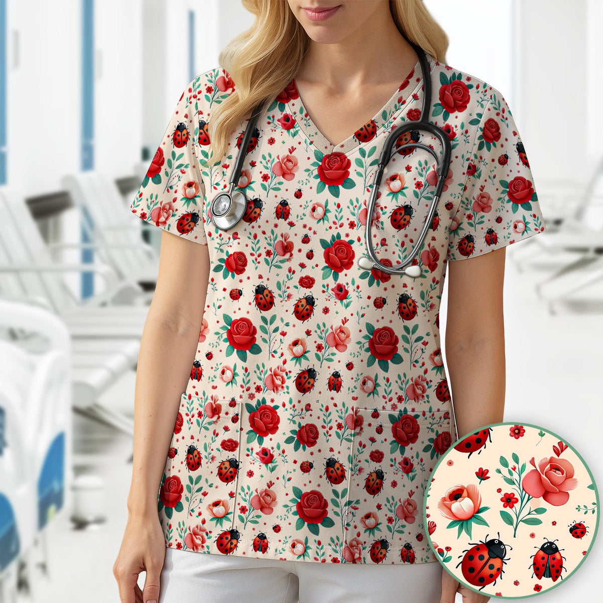 Ladybug Red Rose Floral Nurse Scrub Top