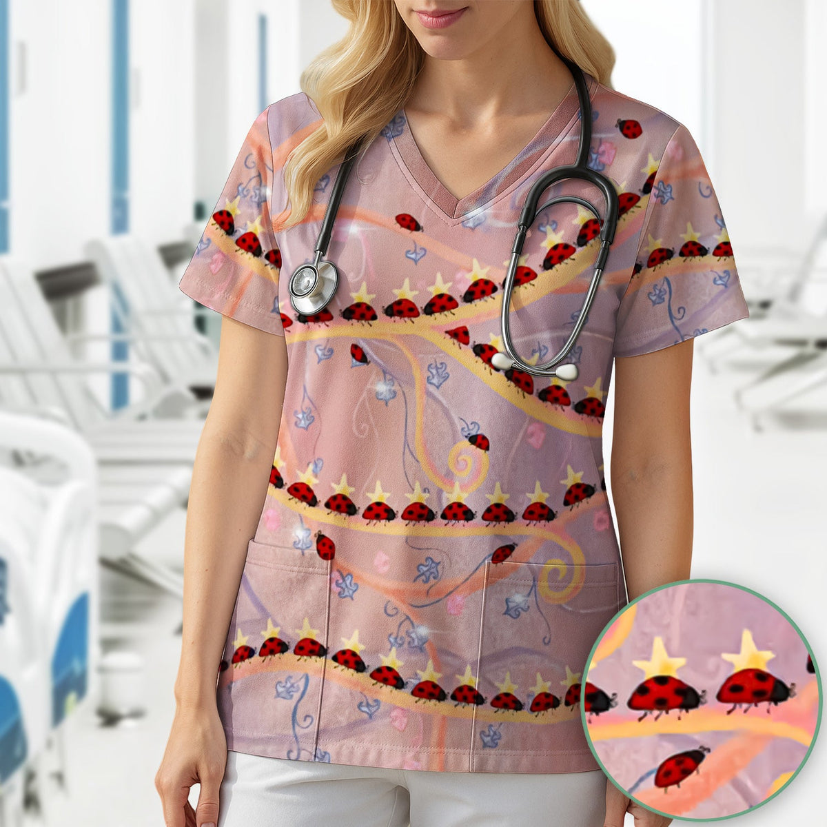 Ladybug Star Vine Swirl Nurse Scrub Top