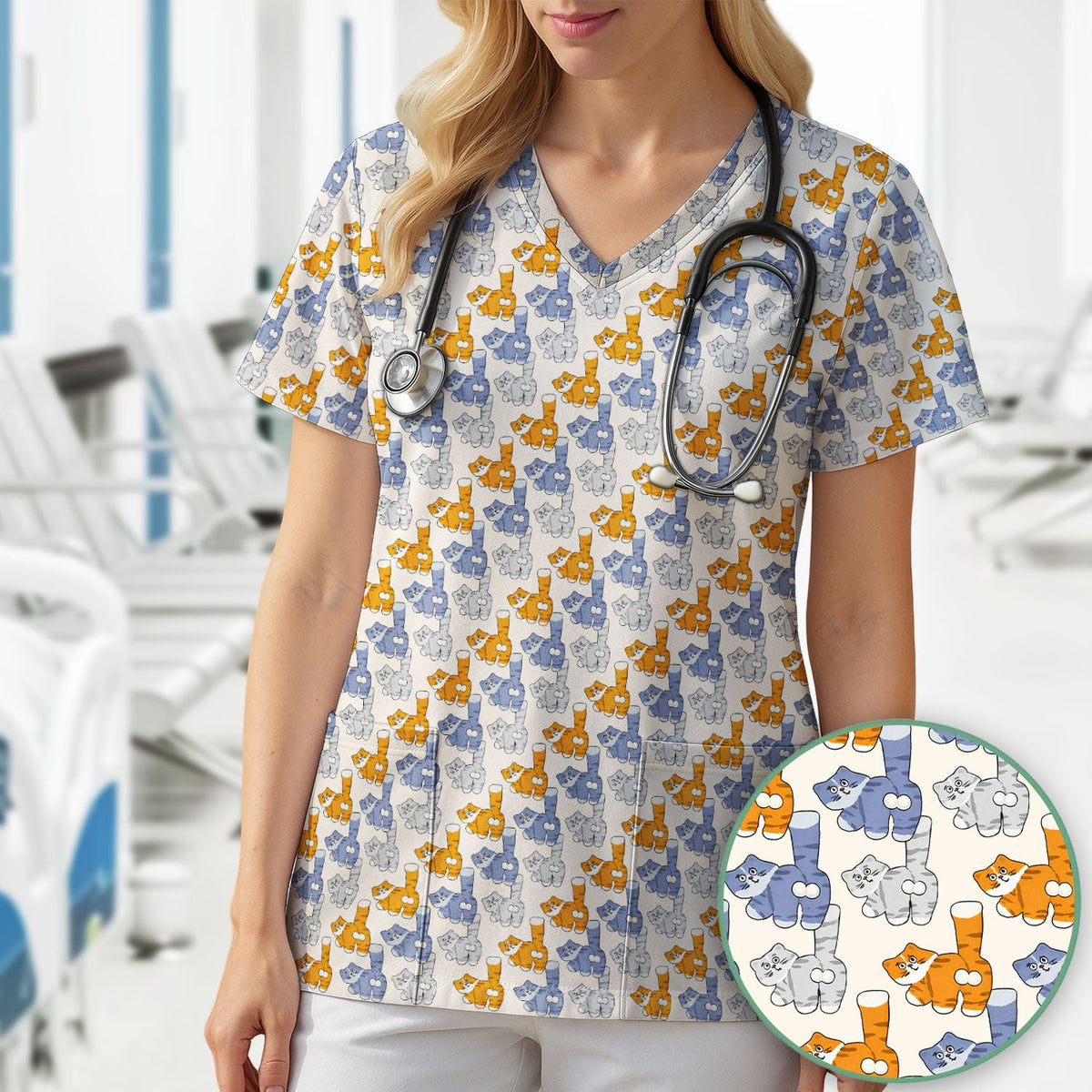 Cartoon Cat Nurse Scrub Top
