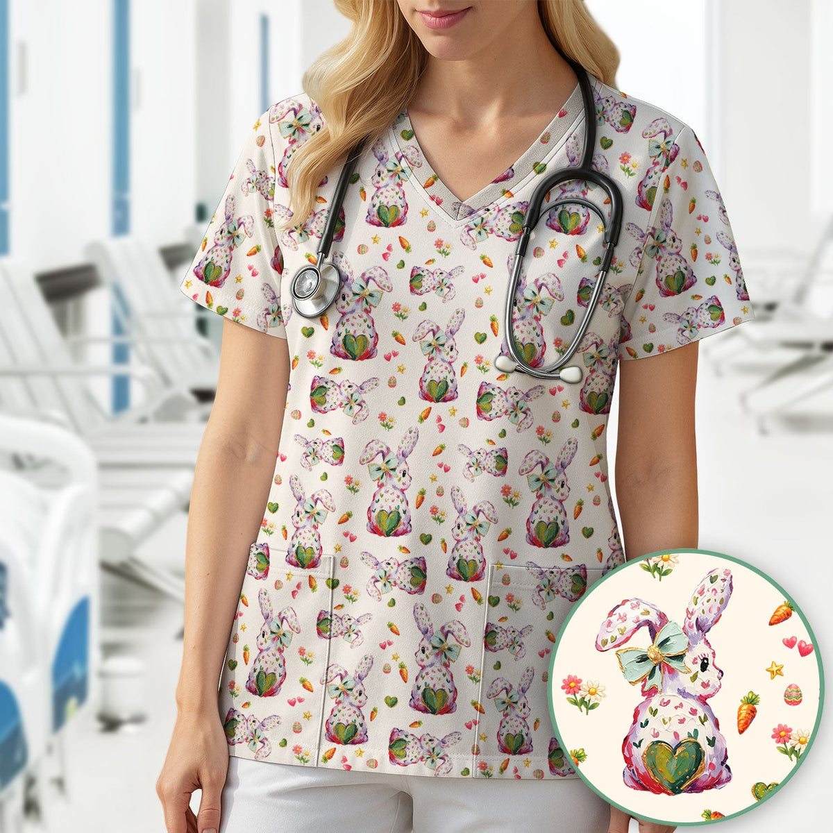 Pastel Bunny Easter Nurse Scrub Top