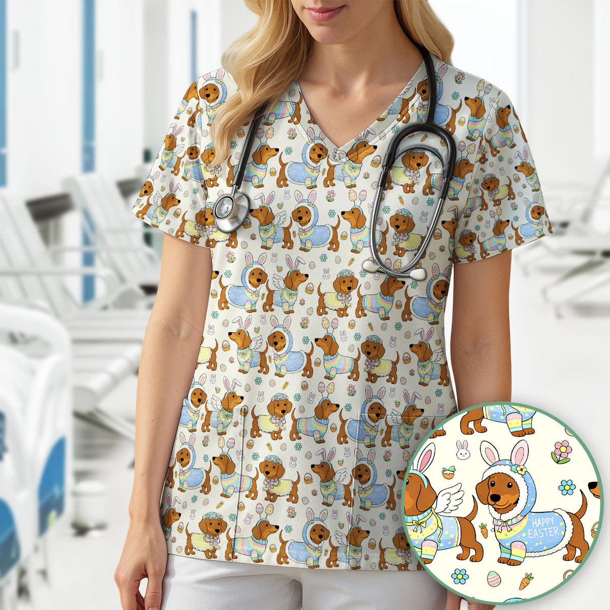 Easter Dachshund Bunny Print Scrub Top, Breathable Fabrics Nursing Uniform