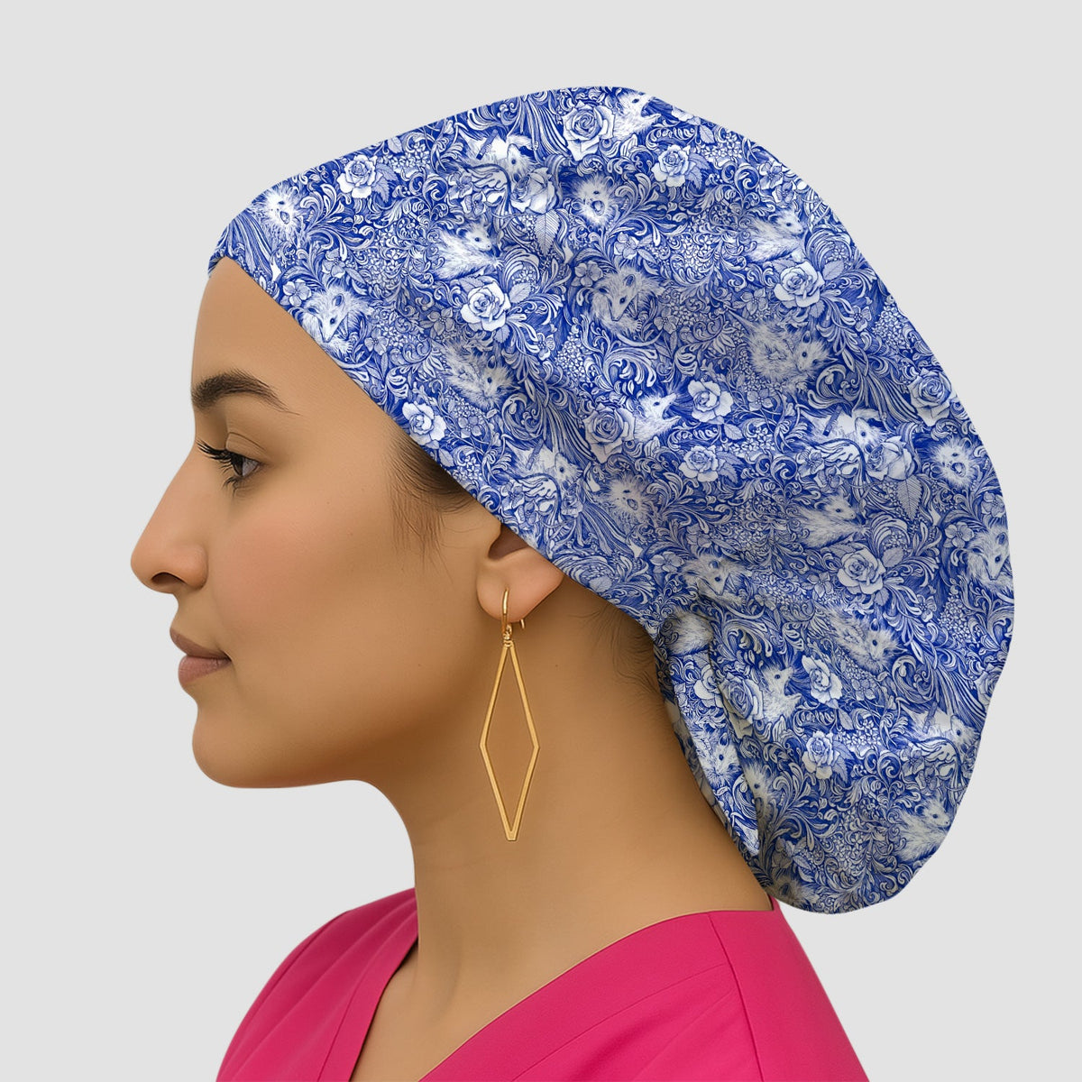 Blue Toile Opossum Floral Scrub Cap