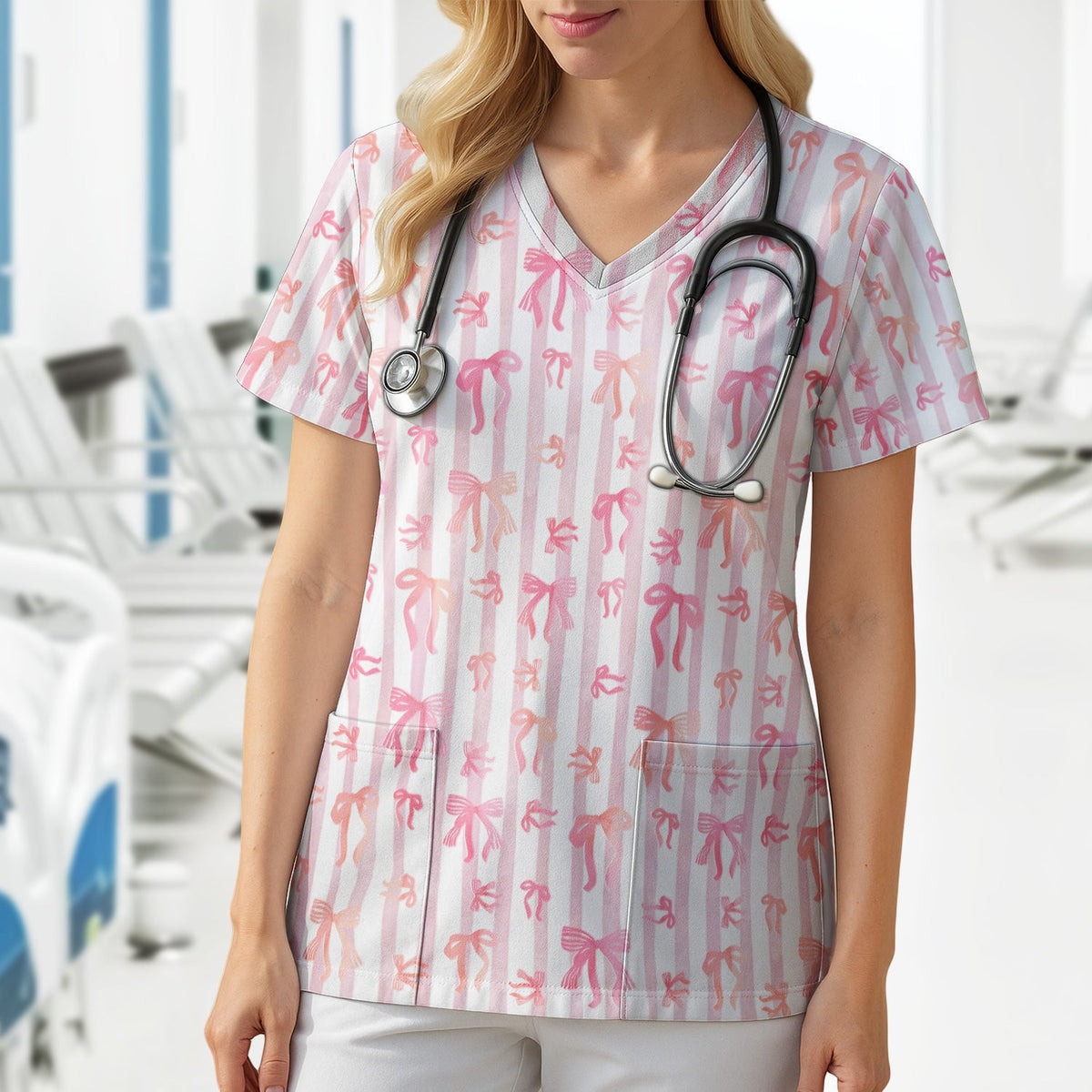 Pink Bow Stripe Nurse Scrub Top
