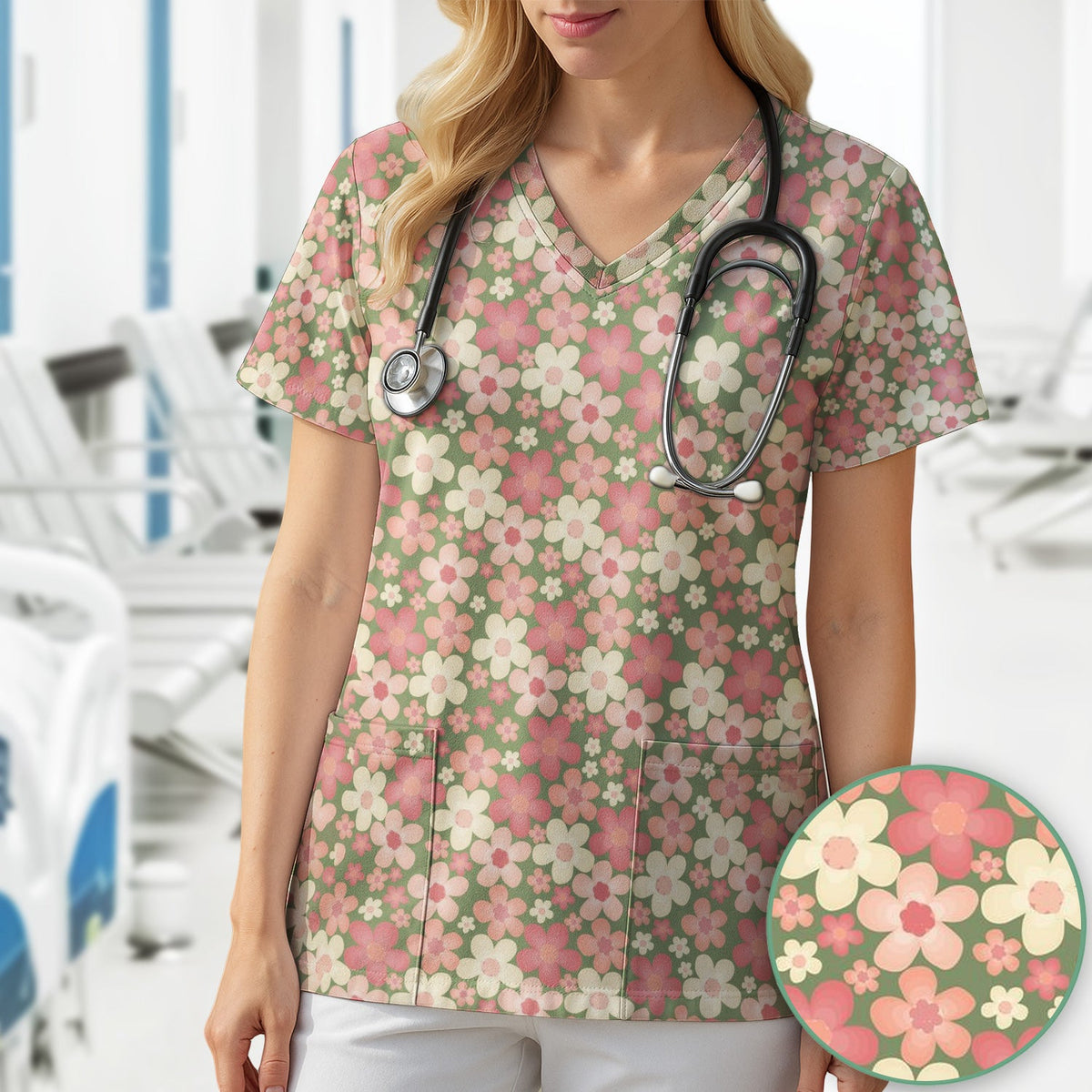 Retro Floral Print Nurse Scrub Top