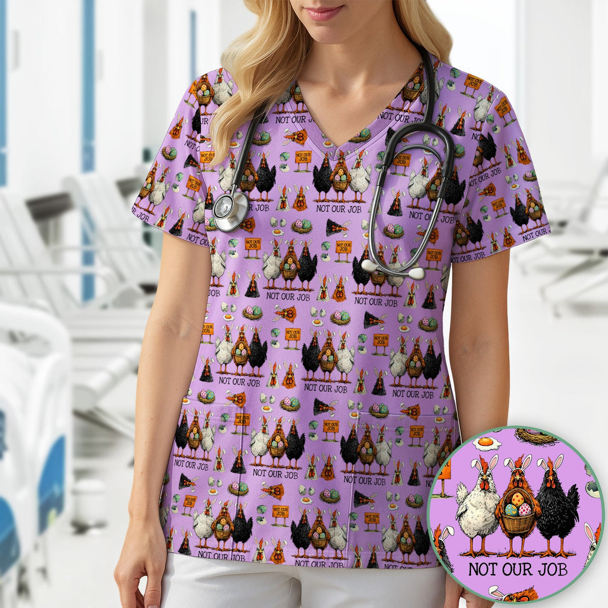 Funny Easter Chicken Humor Pattern Scrub Top, Comfortable Scrubs for Nurses