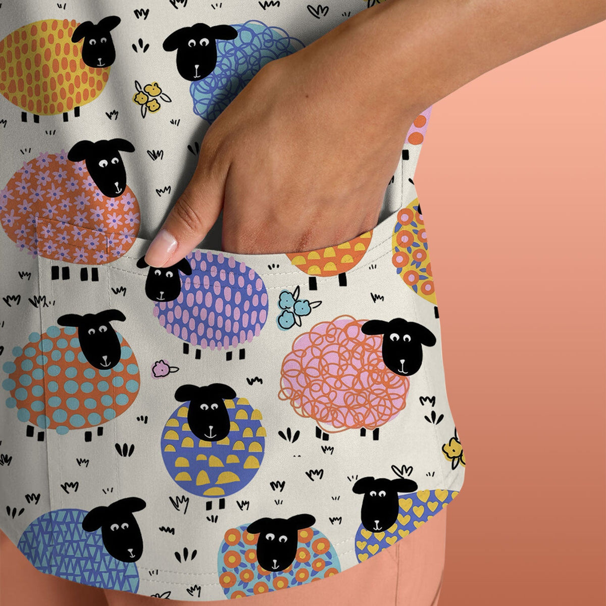 Adorable Colorful Sheep Nurse Scrub Top