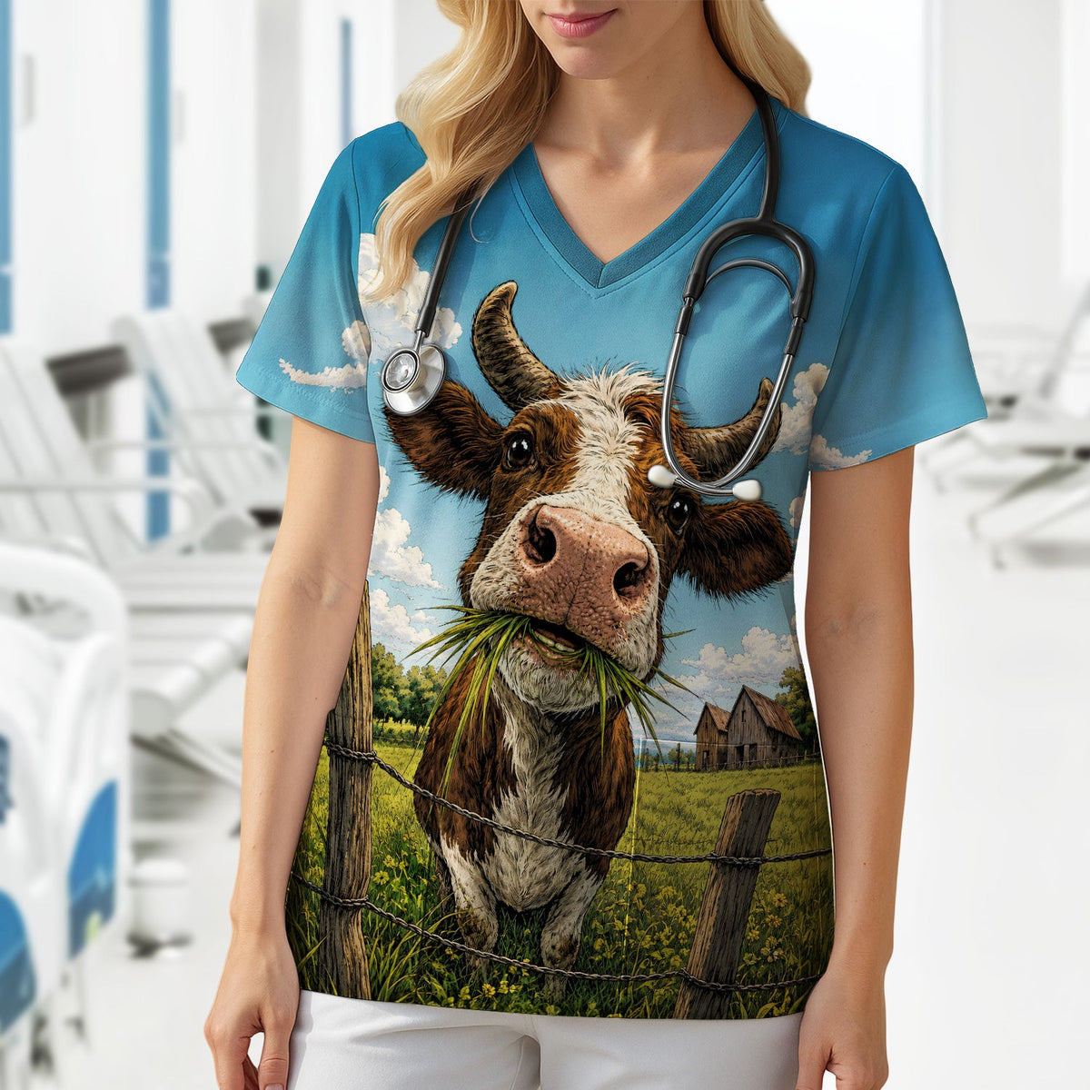 Curious Highland Cow Farm Scene Nurse Scrub Top