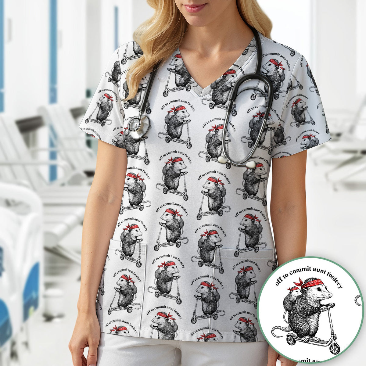 Aunt Foolery Opossum Nurse Scrub Top