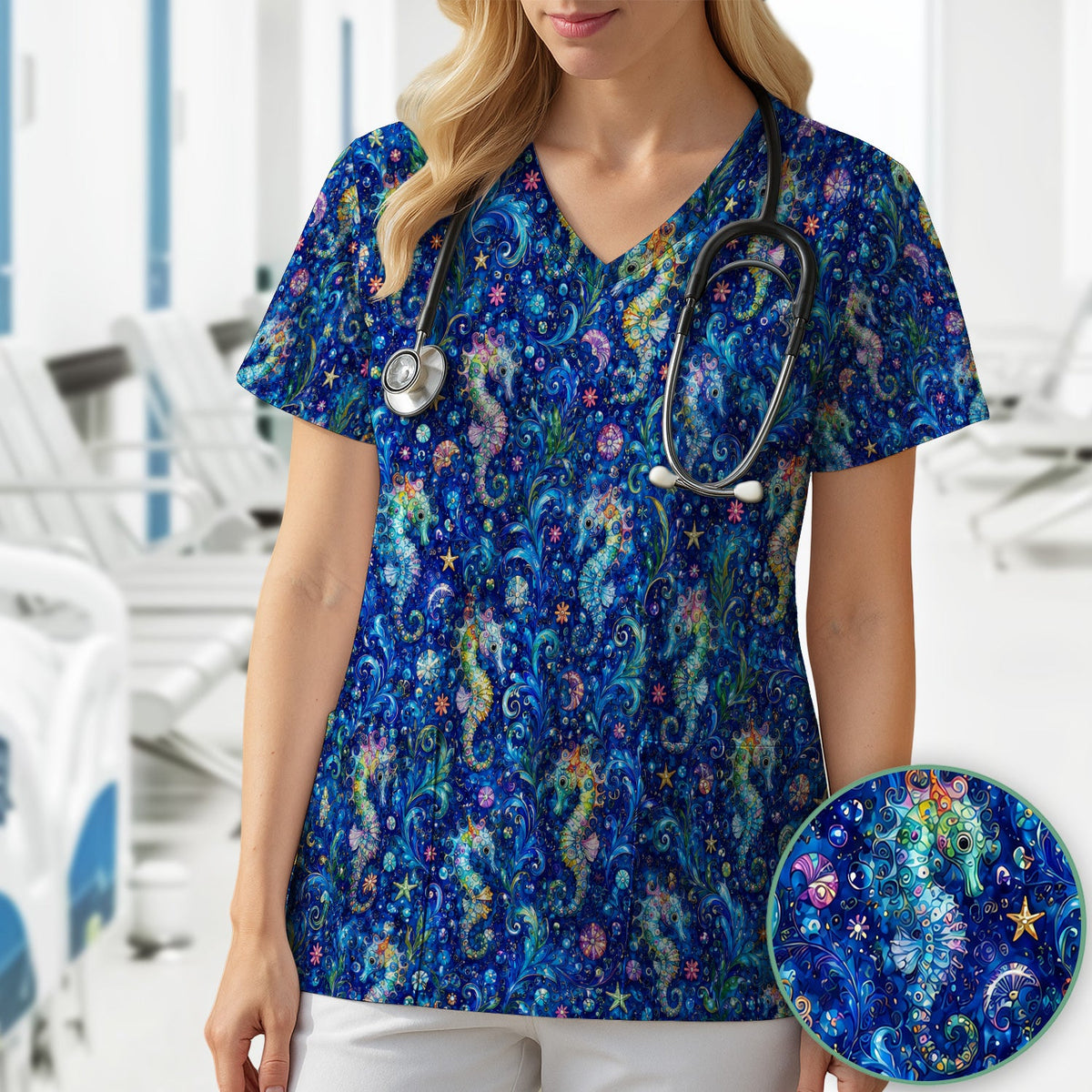 Vibrant Seahorse Ocean Swirl Nurse Scrub Top