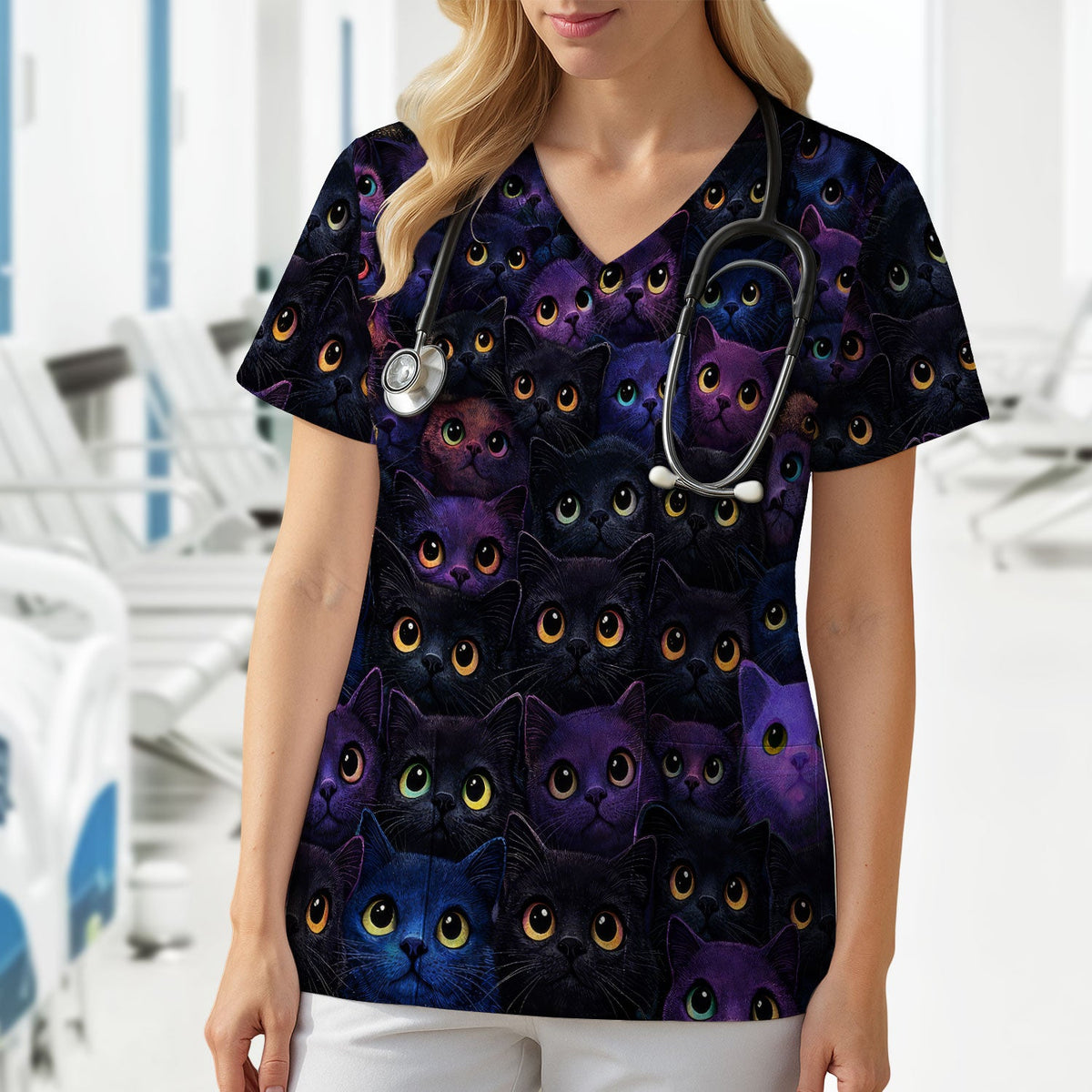 Cute Cat Eyes Pattern Scrub Top for Nurses, Breathable Fabrics Nursing Uniform