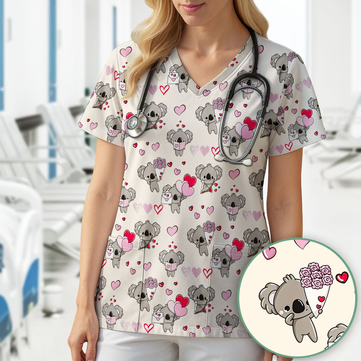 Valentine Koala Holding Flowers Cute Print Scrub Top, Comfortable Scrubs for Nurses
