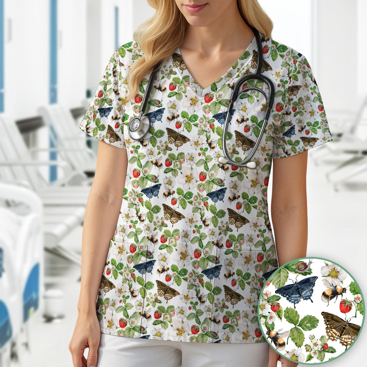 Strawberry Butterfly Garden Nurse Scrub Top