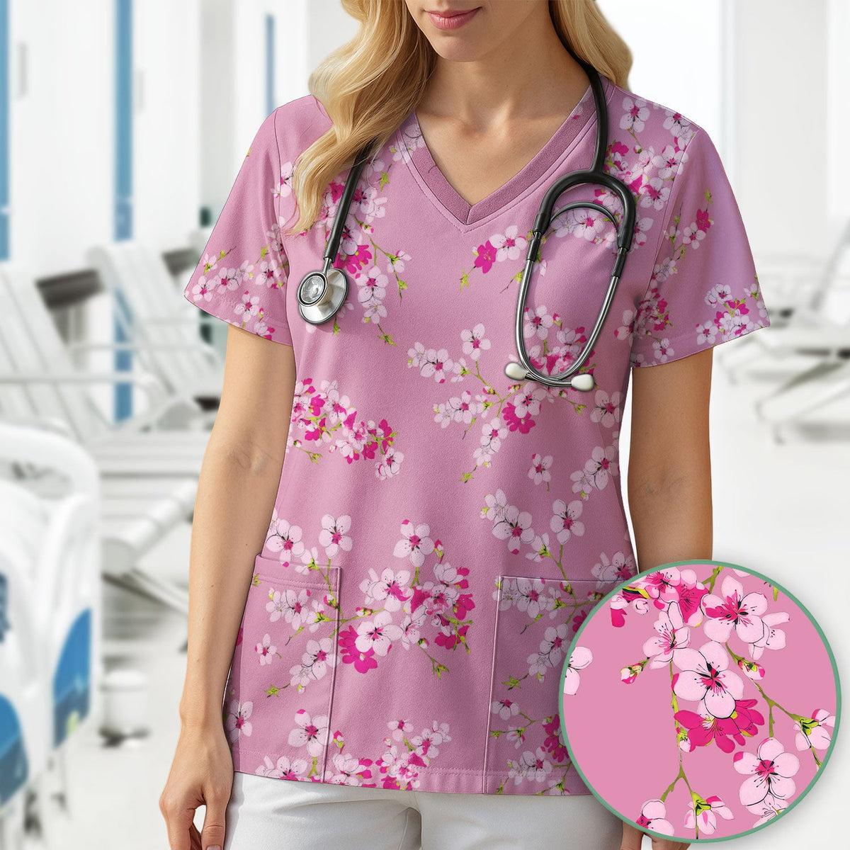 Elegant Cherry Blossom Nurse Scrub Top