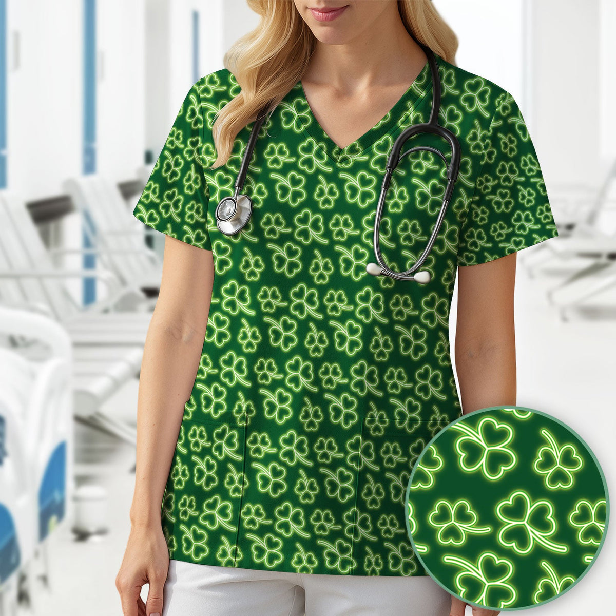 Neon Shamrock Nurse Scrub Top, St. Patrick’s Day Glow Green Pattern Pattern Shirt,  Breathable Fabrics Nursing Uniform