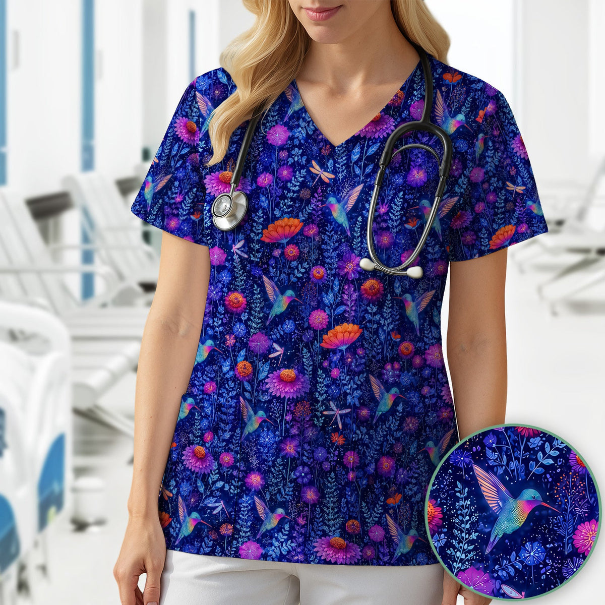 Enchanted Hummingbird Wildflower Garden Nurse Scrub Top