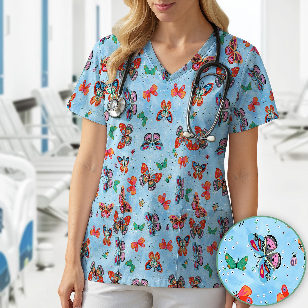 Colorful Butterfly Garden Nurse Scrub Top