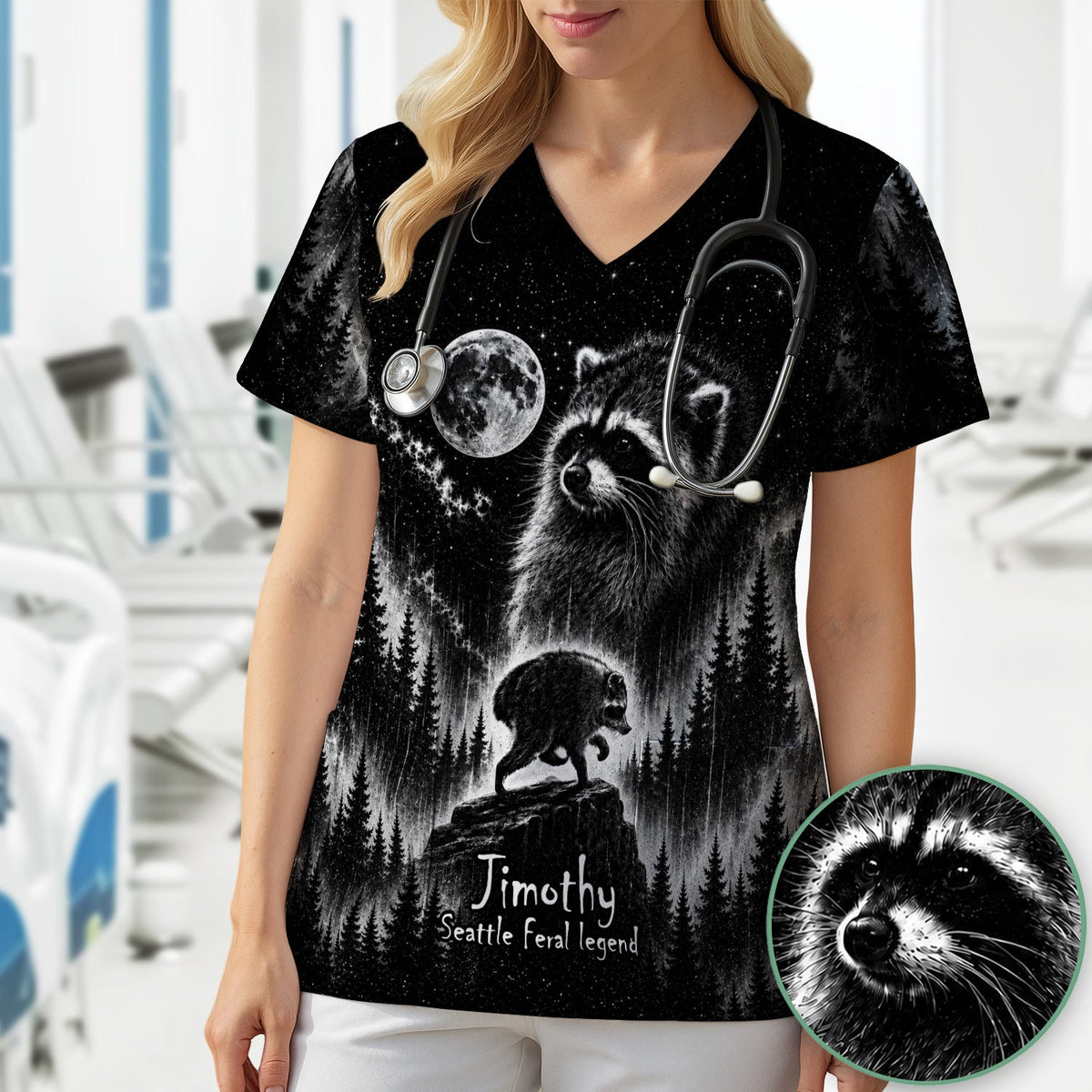 Moonlit Jimothy Raccoon Forest Nurse Scrub Top