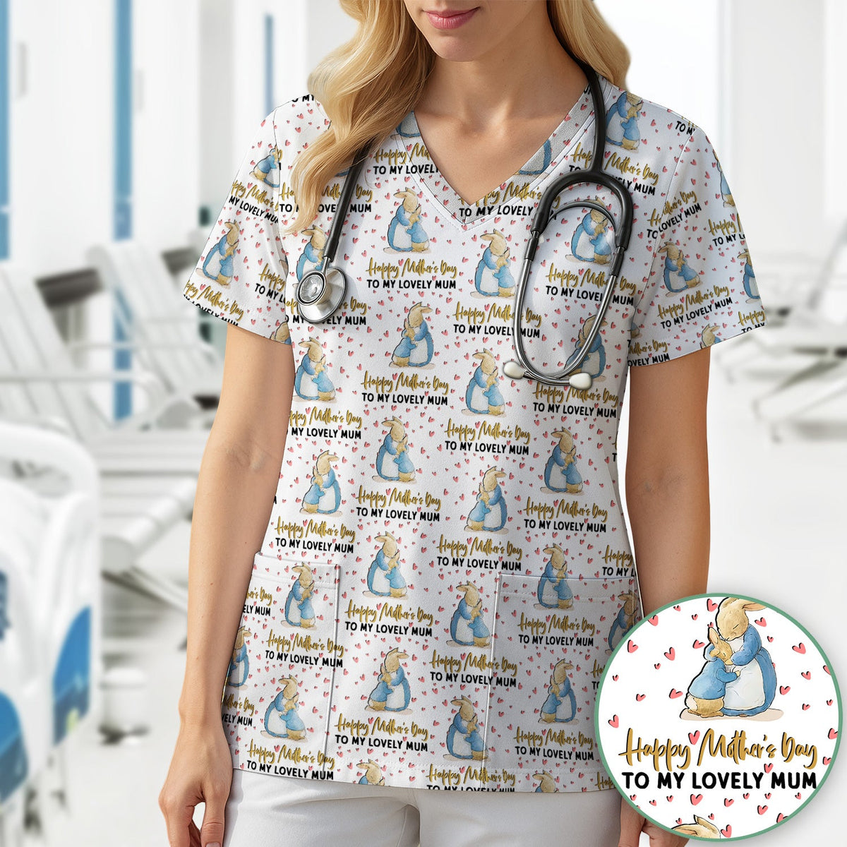 Mothers Day Bunny Love Nurse Scrub Top