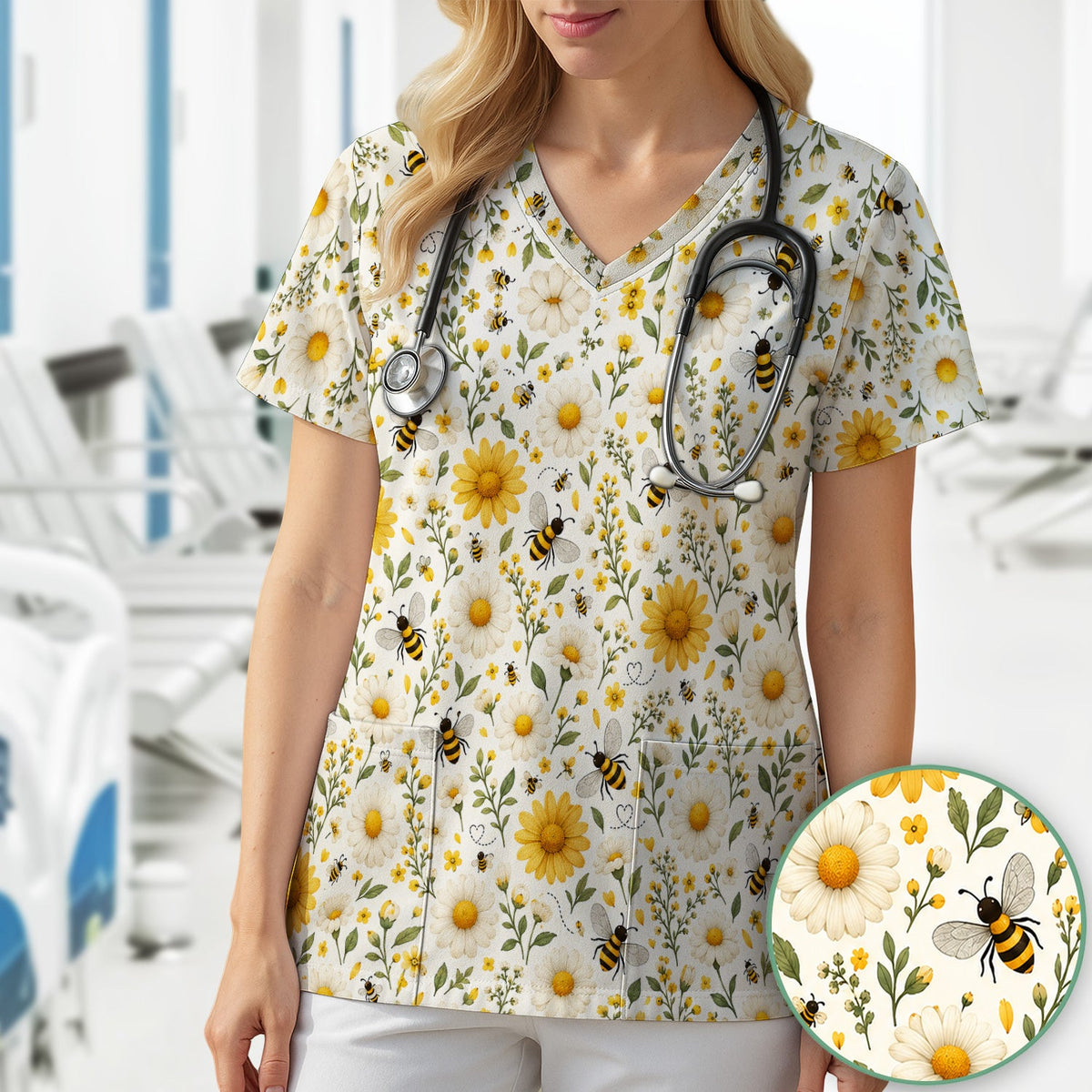 Honey Bee Daisy Nurse Scrub Top