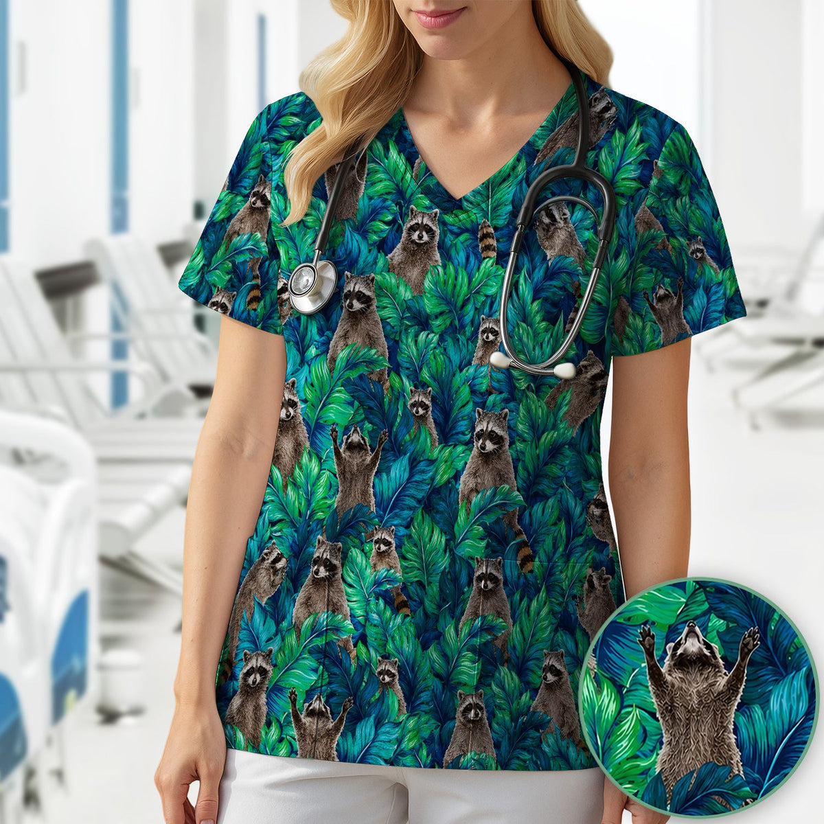Tropical Raccoon Jungle Leaves Nurse Scrub Top