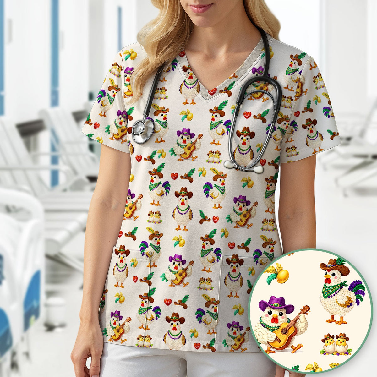 Mardi Gras Rooster Cowboy Nurse Scrub Top
